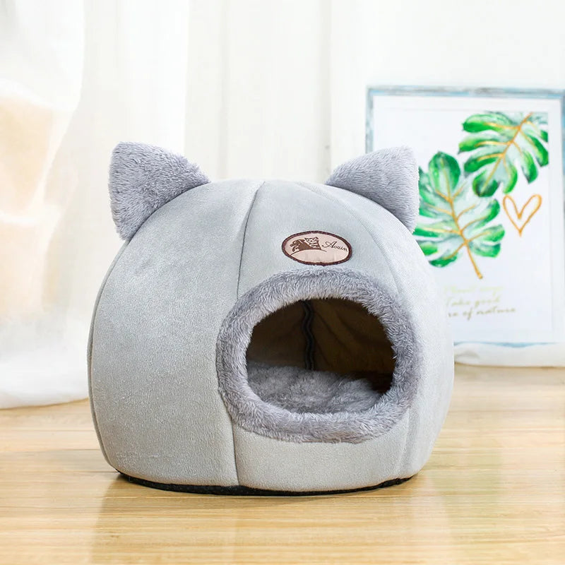 Light Grey Color Cozy Cave Cat Bed House – Removable Cushion & Non-Slip Base
