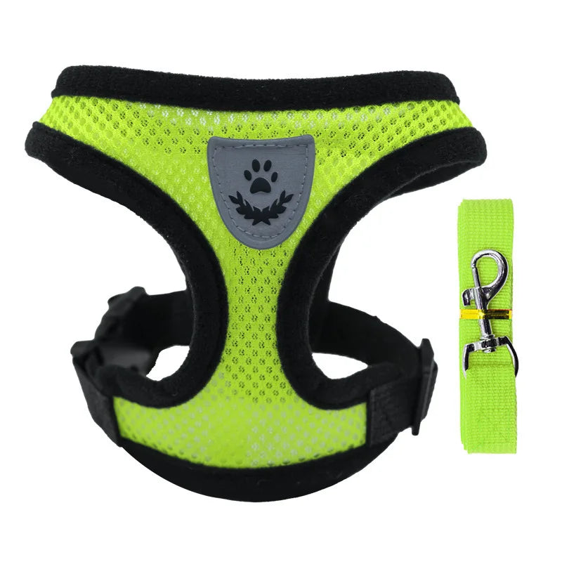 green Color Adjustable Mesh Pet Harness with Leash for Small Dogs