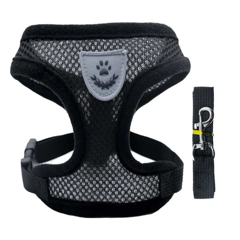 black Color Adjustable Mesh Pet Harness with Leash for Small Dogs