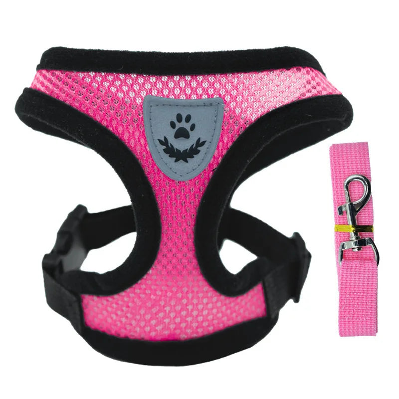 rose red Color Adjustable Mesh Pet Harness with Leash for Small Dogs