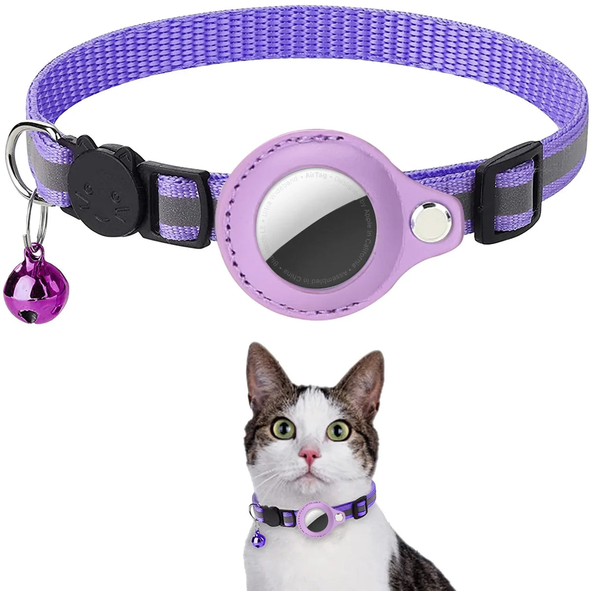 purple Color Cat AirTag Collar With Reflective Breakaway Buckle