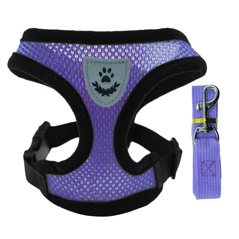 purple Color Adjustable Mesh Pet Harness with Leash for Small Dogs
