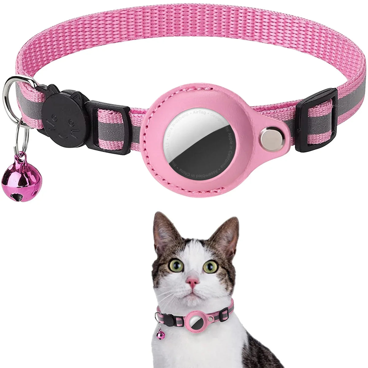 Pink Color Cat AirTag Collar With Reflective Breakaway Buckle