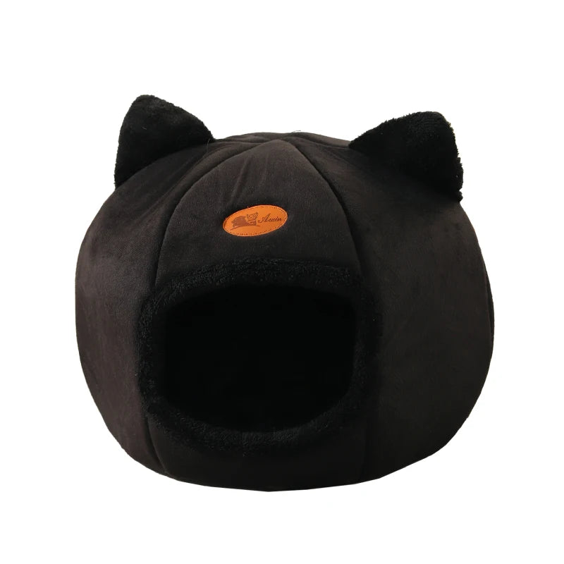 black Color Cozy Cave Cat Bed House – Removable Cushion & Non-Slip Base