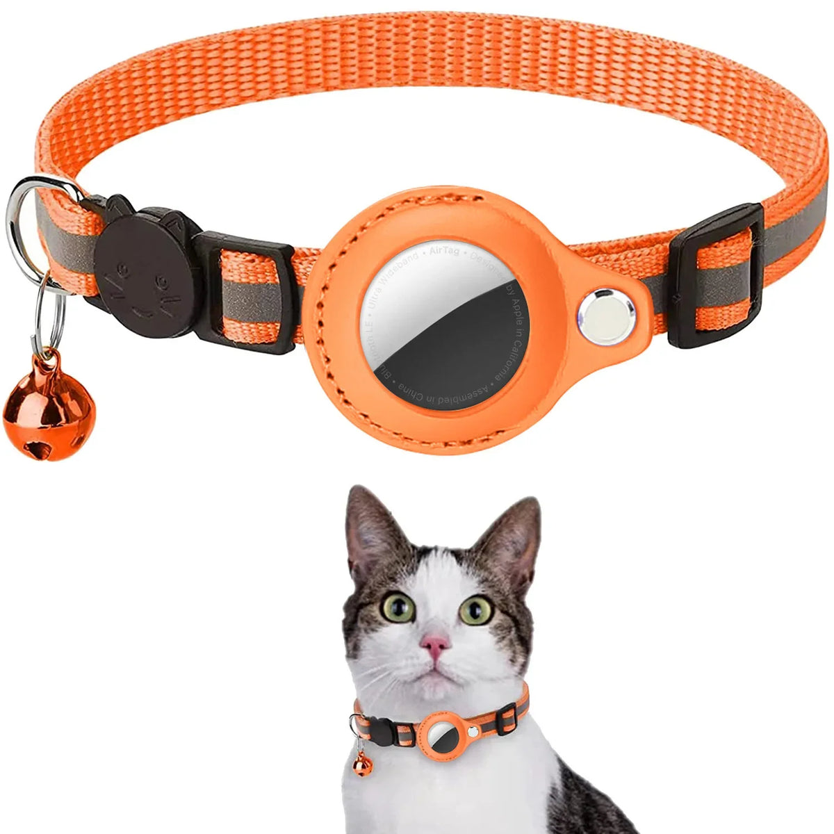 Orange Color Cat AirTag Collar With Reflective Breakaway Buckle