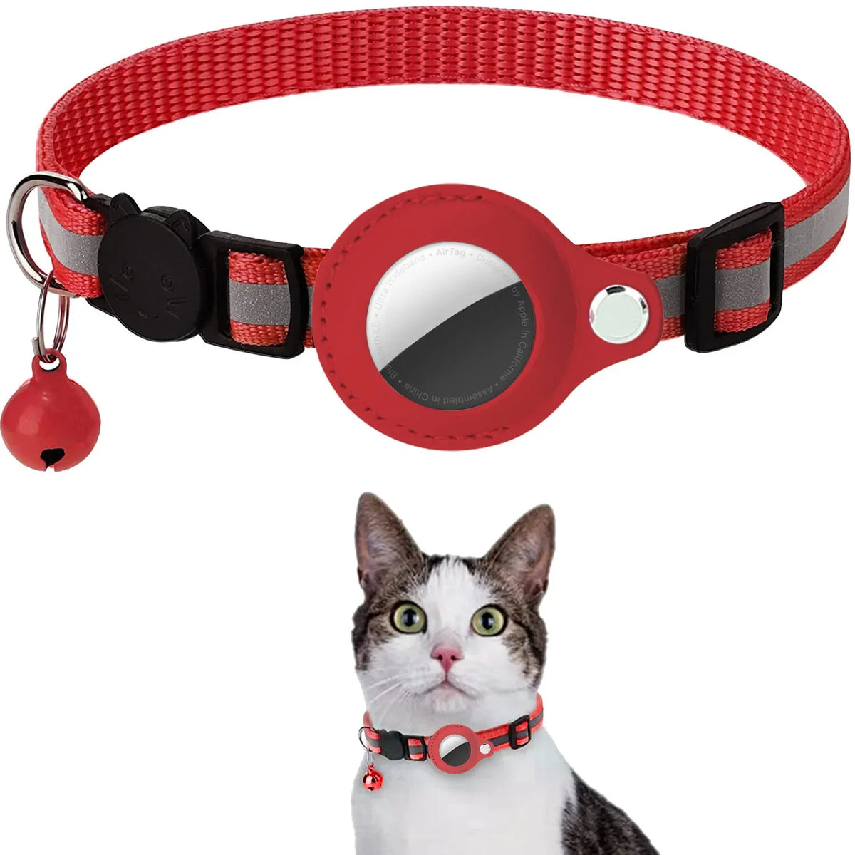 Red Color Cat AirTag Collar With Reflective Breakaway Buckle