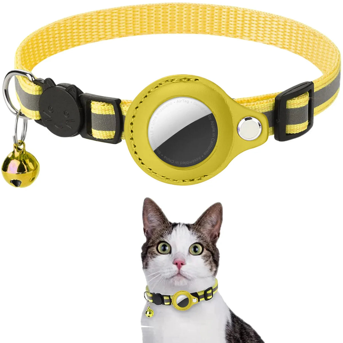 YELLOW Color Cat AirTag Collar With Reflective Breakaway Buckle
